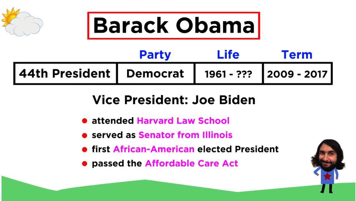 用英文介绍美国总统：Barack Obama First African-American President (2009 – 2017)