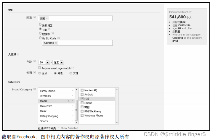 图19 Facebook让广告商选择定向投放的目标用户