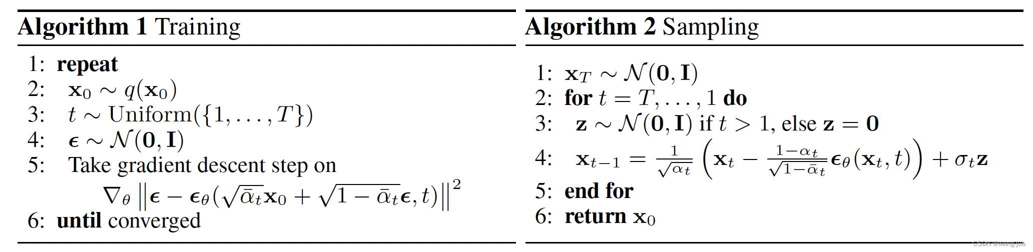 Denoising Diffusion Probabilistic Models中训练与采样过程