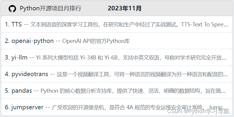 Python开源项目月排行 2023年11月