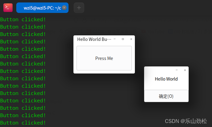 chatgpt: linux 下用纯c 编写一按钮，当按钮按下在一新窗口显示hello world
