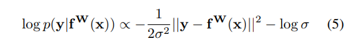 log p(y|fW(x)) ∝ - 1/(2σ^2) ||y - fW(x)||^2 - log σ (5)