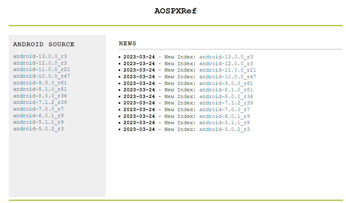 AOSPXRef包含的安卓版本