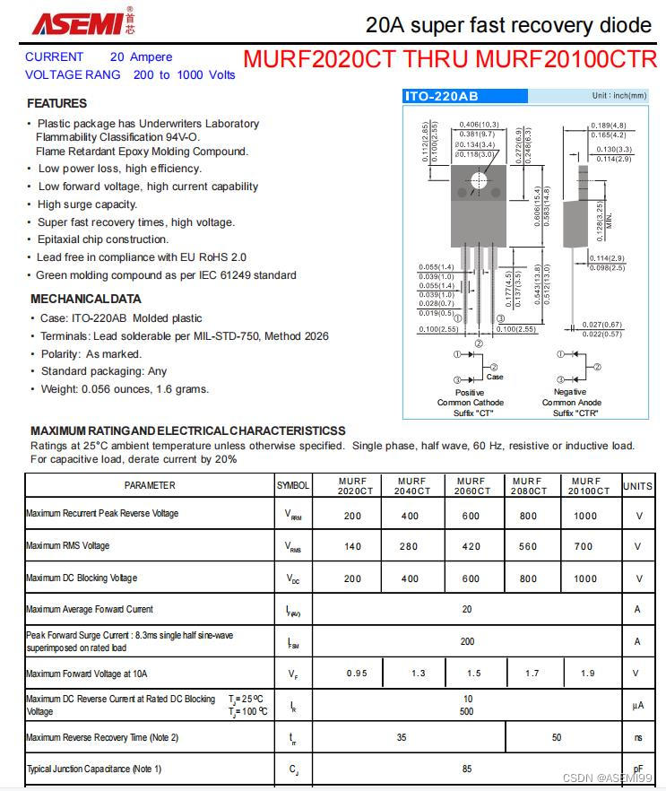 MURF20100CTR-ASEMI快恢复对管封装、尺寸、参数