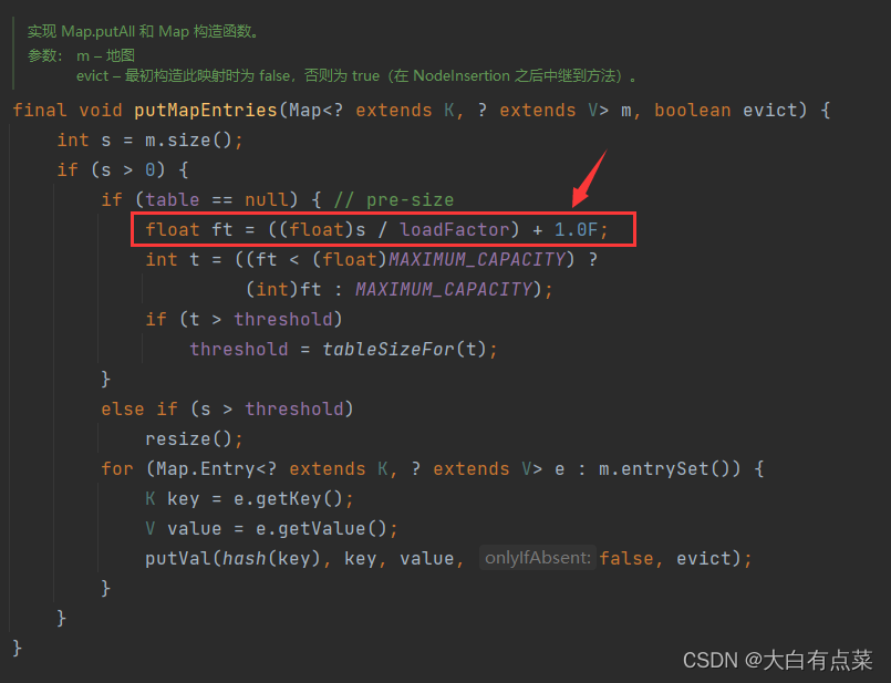 HashMap 类的putMapEntries(Map<? extends K, ? extends V> m, boolean evict)方法计算容量值