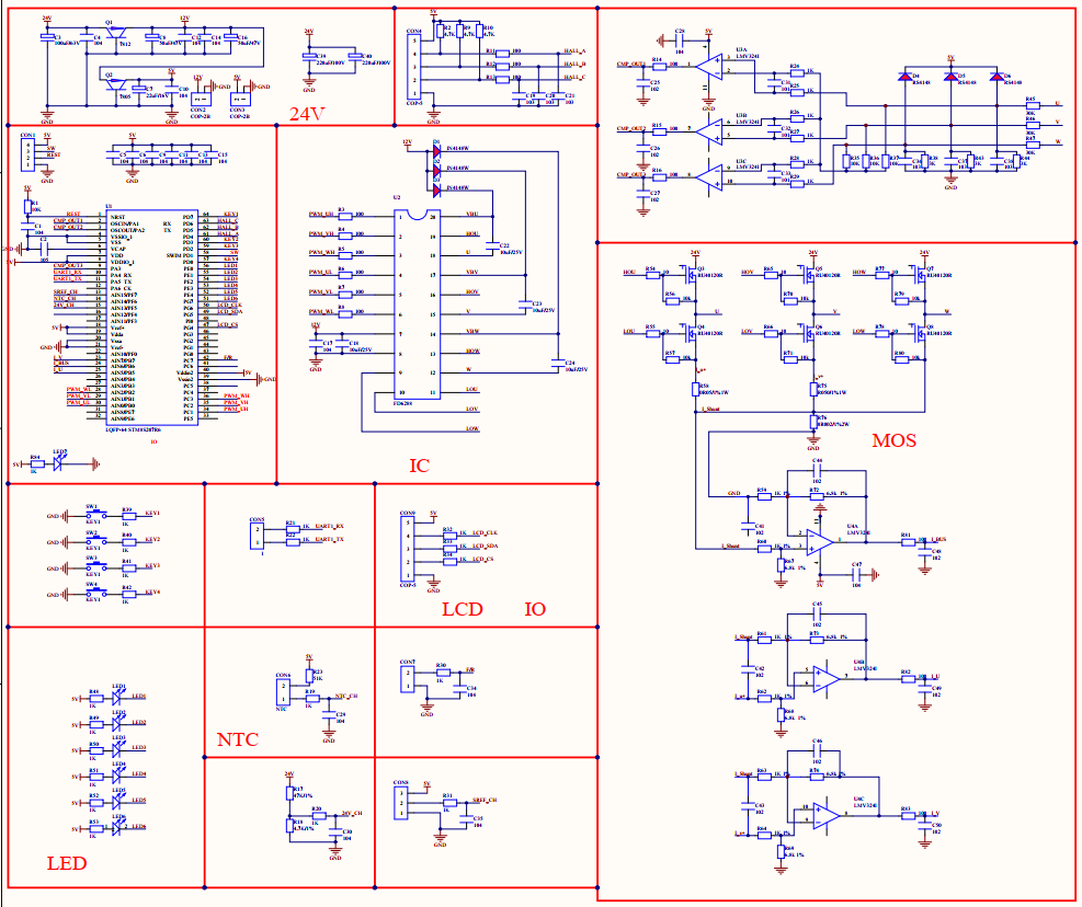 总体原理图,后面咱们按模块进行分析框架:mcu用的是stm8s的,基本原理