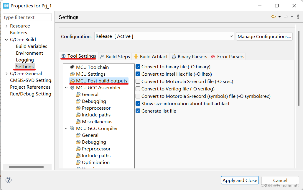 选择project->properties->settings->Tool Settings->build ouputs