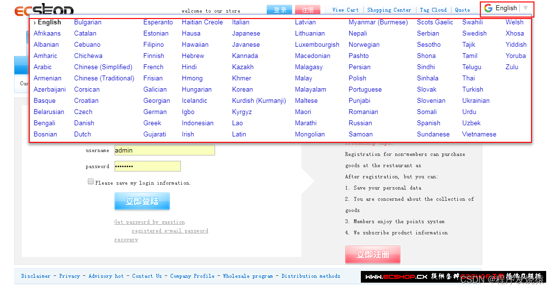 ECSHOP多语言插件,ECShop外贸网站添加谷歌翻译,ECShop中添加谷歌翻译,ECShop谷歌语言翻译插件