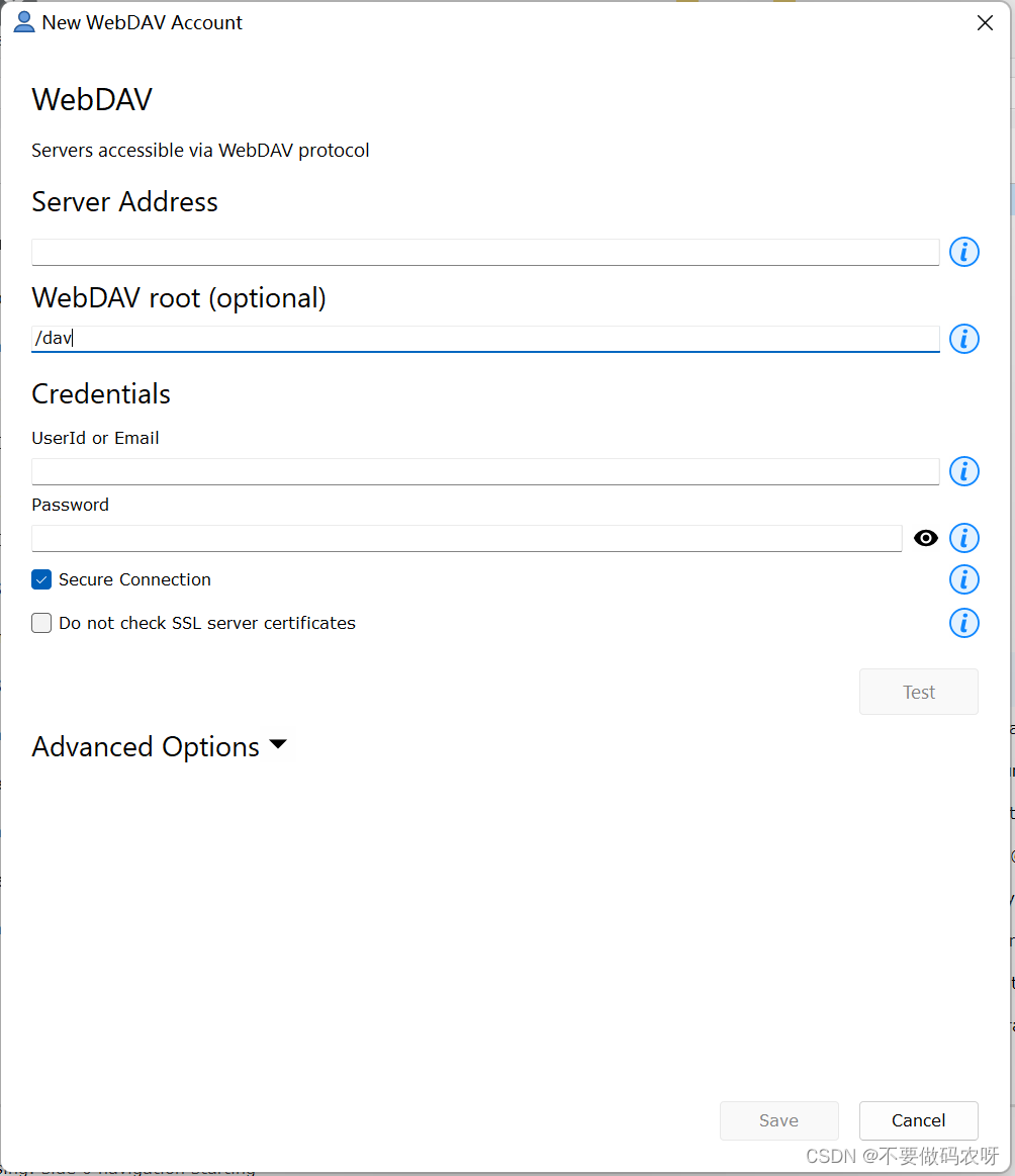 new WebDAV account