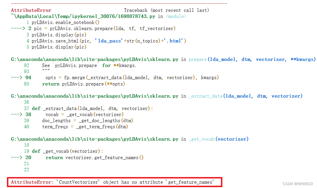 保姆式解决使用Pyldavis对Lda可视化报错问题：'Countvectorizer' Object Has No Attribute ' Get_Feature_Names'的问题_Nini_Likelike的博客-Csdn博客