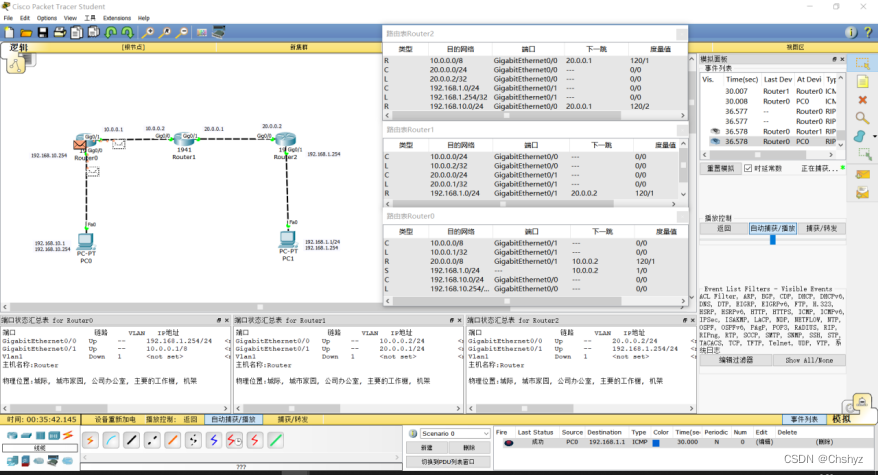 RIP协议路由配置(Cisco Packet Tracer)