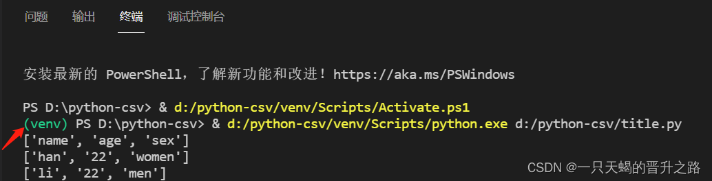 无法加载文件 D:\python-csv\venv\Scripts\Activate.ps1，因为在此系统上禁止运行脚本。
