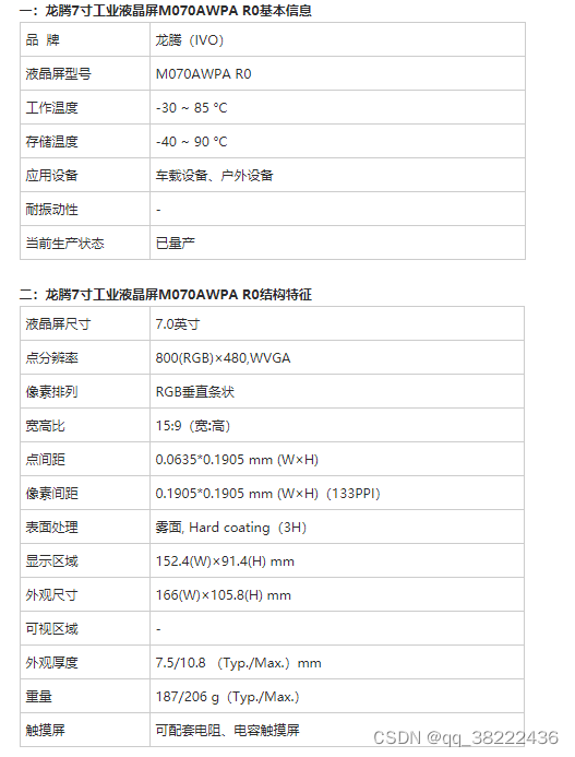 龙腾7寸工业液晶屏M070AWPA R0参数资料-7寸高亮屏