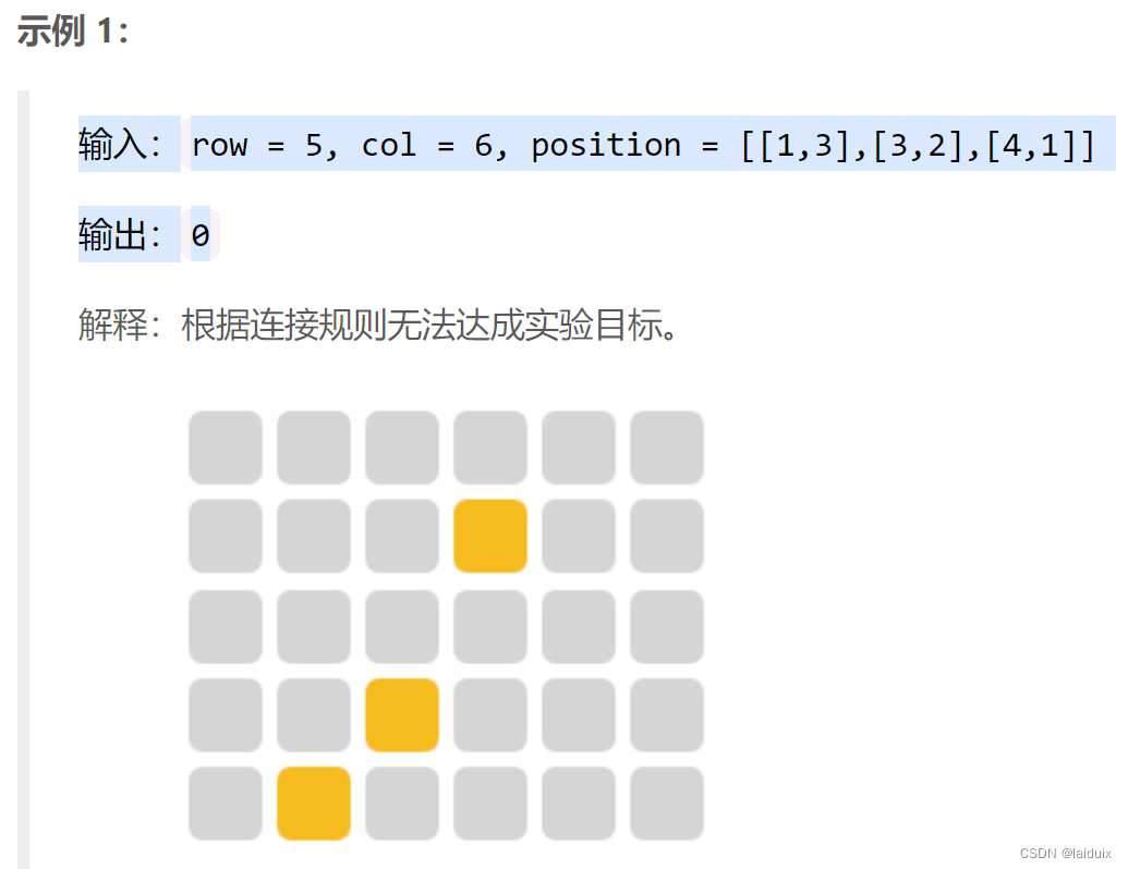 输入：row = 5, col = 6, position = [[1,3],[3,2],[4,1]]
输出：0