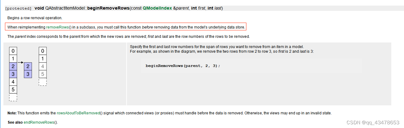 Qt QAbstractItemModel::beginRemoveRows