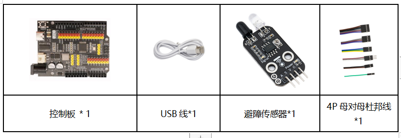 控制板 * 1	USB线*1	避障传感器*1	4P母对母杜邦线*1