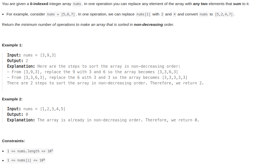 leetcode 2366. Minimum Replacements to Sort the Array（数组排序的最少替换数）