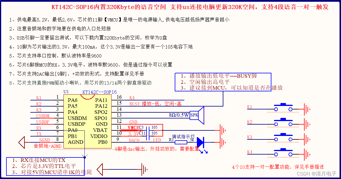 KT142C-sop16语音芯片ic的串口指令详细说明_默认9600指令可设