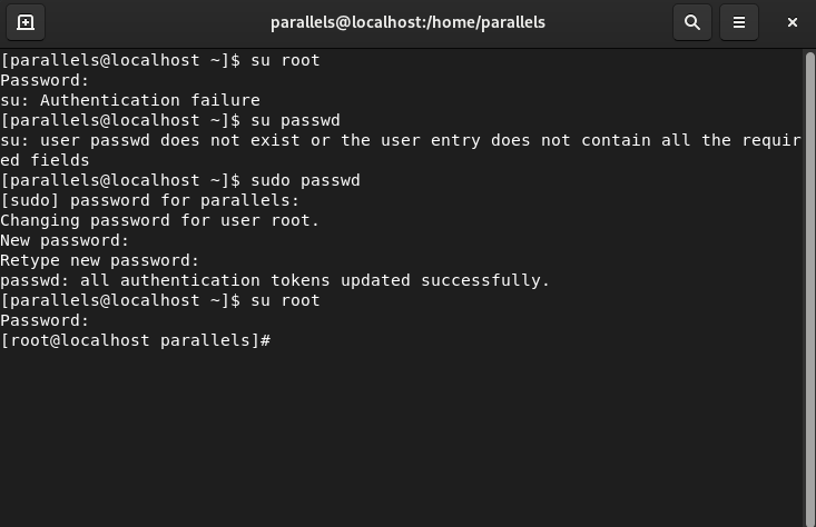 Parallel Desktop中按照的centos在切换root用户时，密码正确，但一直切换不成功，显示su: Authentication failure