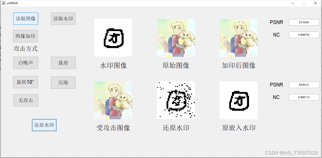 基于hvs图像水印matlab和psnr nc的计算 首先读取图像和水印，进行图像加印