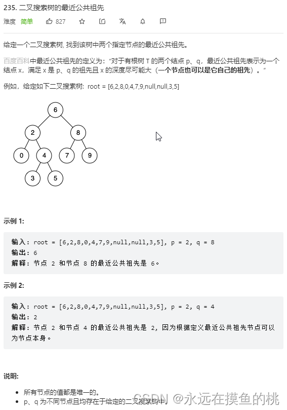 LeetCode 235. 二叉搜索树的最近公共祖先 (递归)