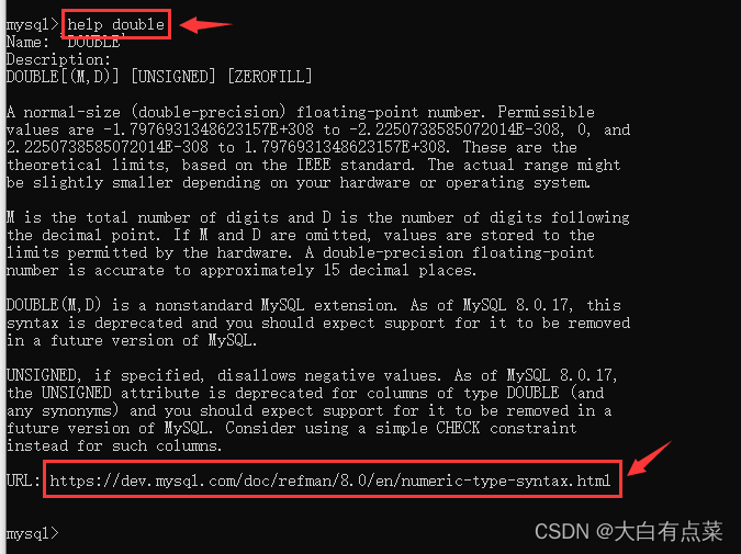help double 命令查看语法和值范围