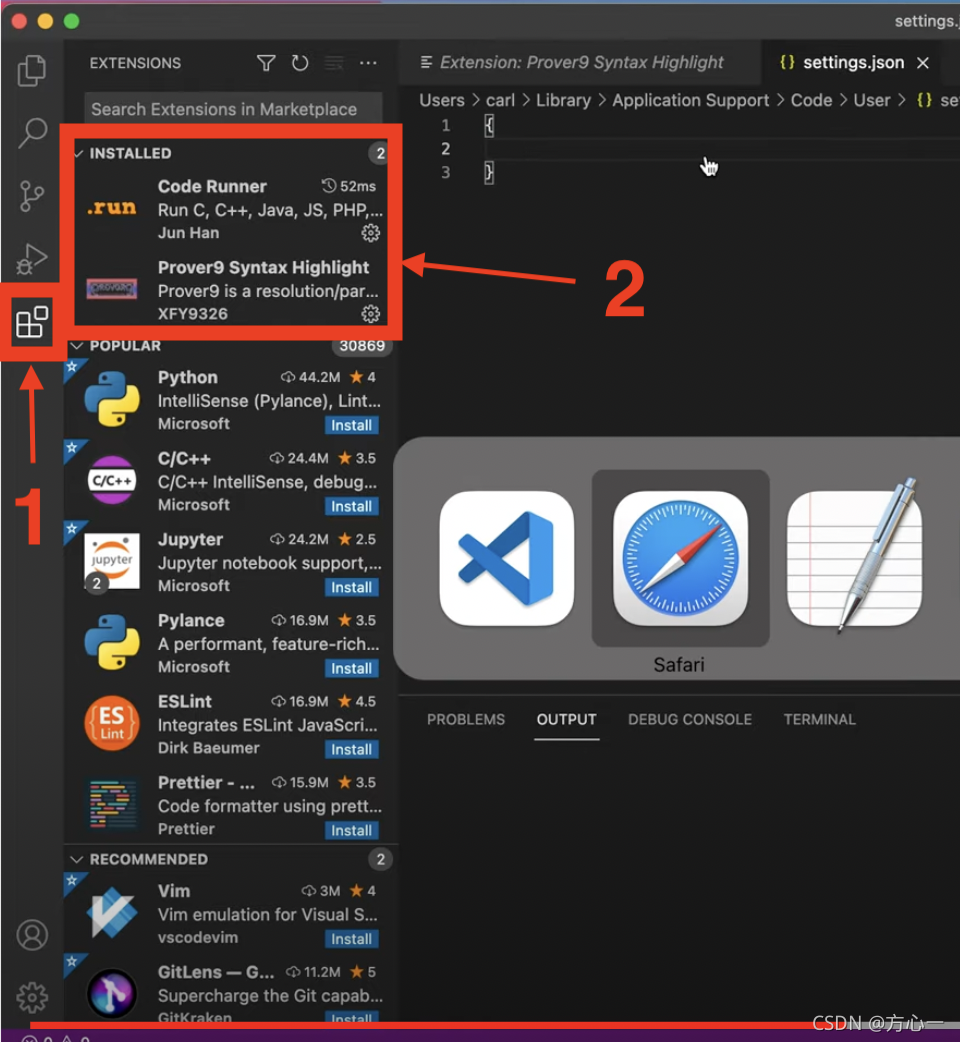 打开vscode，点击1图标，然后搜索框中搜索2中的两个扩展