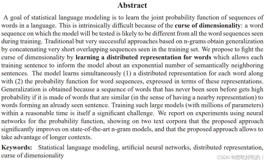 【论文翻译未完成】翻给自己看的 A Neural Probabilistic Language Model