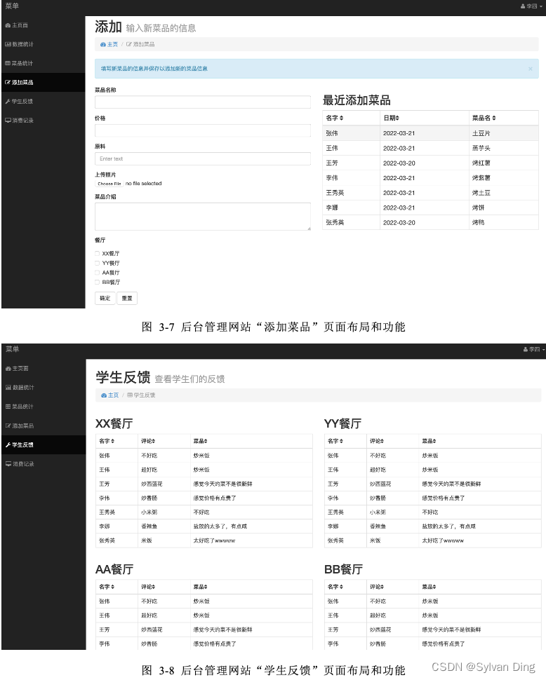 图 3 7 后台管理网站“添加菜品”页面布局和功能 图 3 8 后台管理网站“学生反馈”页面布局和功能