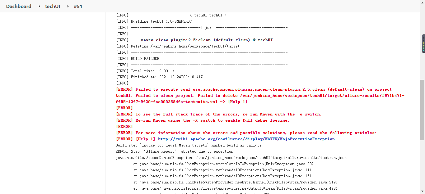 Failed to clean project: Failed to delete /var/jenkins_home/workspace/techUI/target/allure-results/.