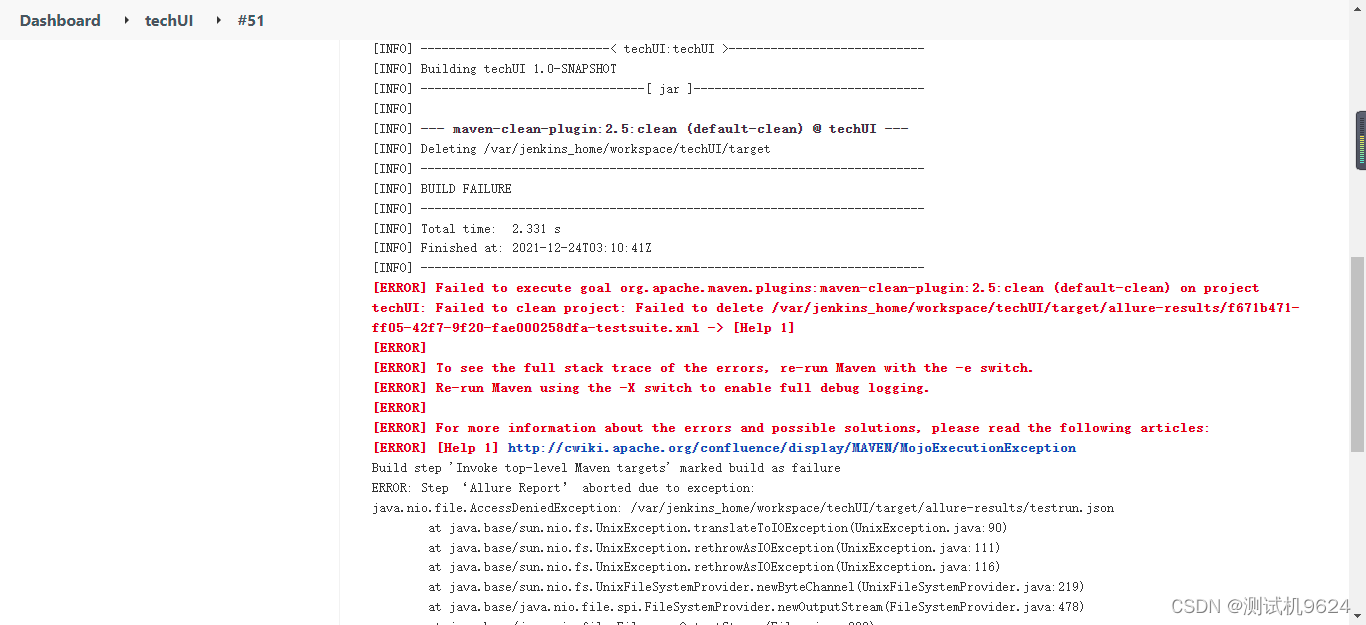 Failed to clean project: Failed to delete /var/jenkins_home/workspace/techUI/target/allure-results/.