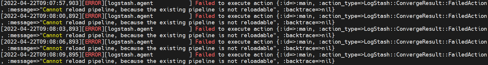 LogStash~Cannot reload pipeline, because the existing pipeline is not reloadable