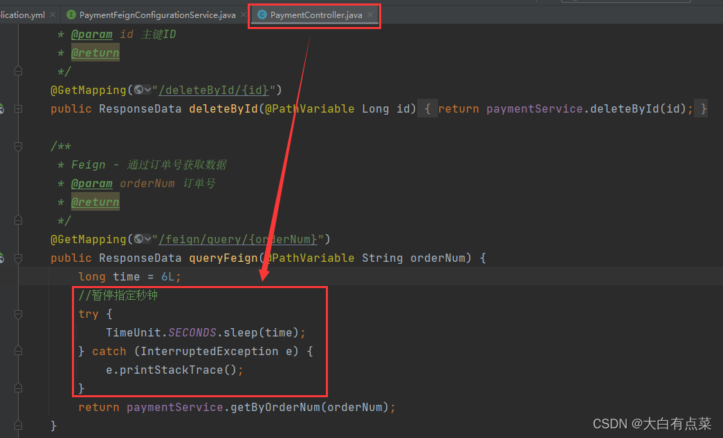 服务端的 PaymentController 业务类的 queryFeign() 方法添加一个暂停线程指定秒数的操作。