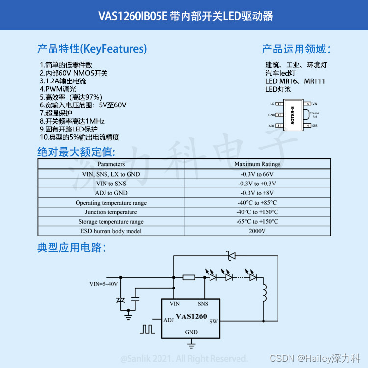 LED芯片 VAS1260IB05E 带内部开关LED驱动器 汽车硬灯带灯条解决方案