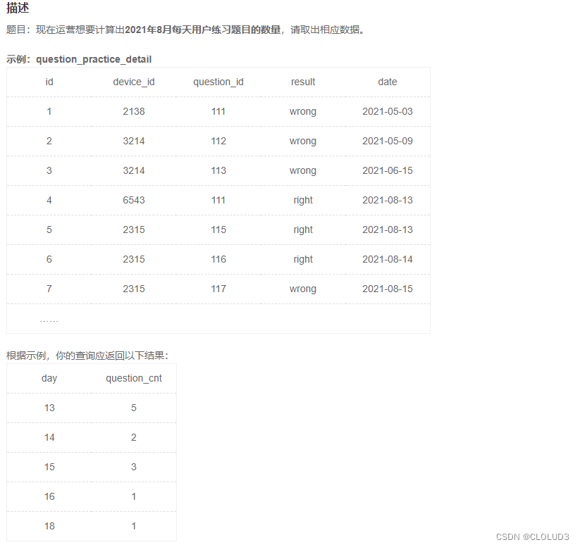 SQL28 计算用户8月每天的练题数量