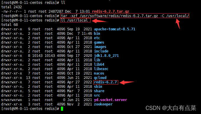 指定したディレクトリに redis-6.2.7.ta​​r.gz を解凍します