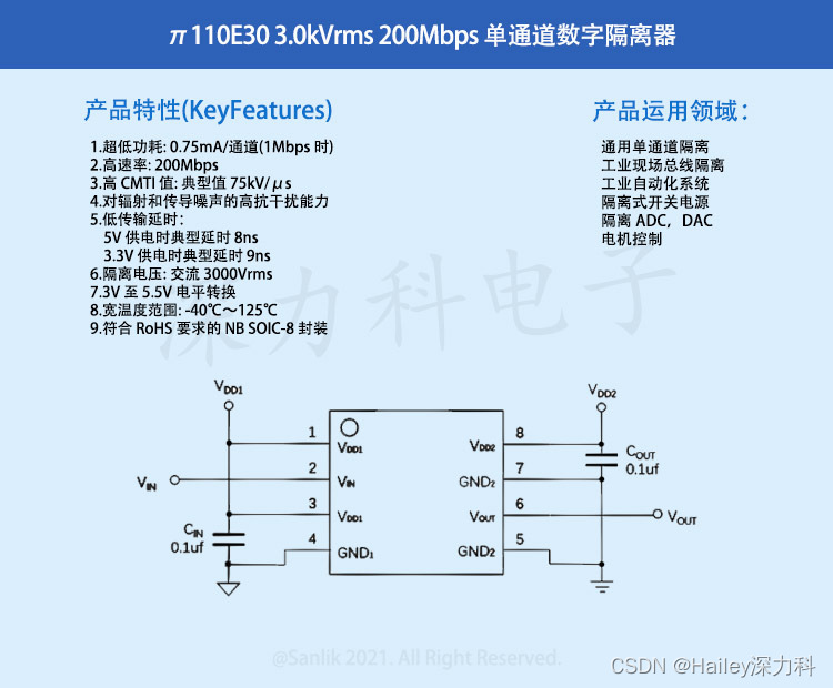 π110E30 单通道数字隔离器兼容代替Si8610BC-B-IS