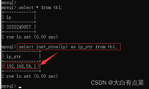 使用 INET_NTOA() 函数将数值转换成字符串形式的 IP 地址。