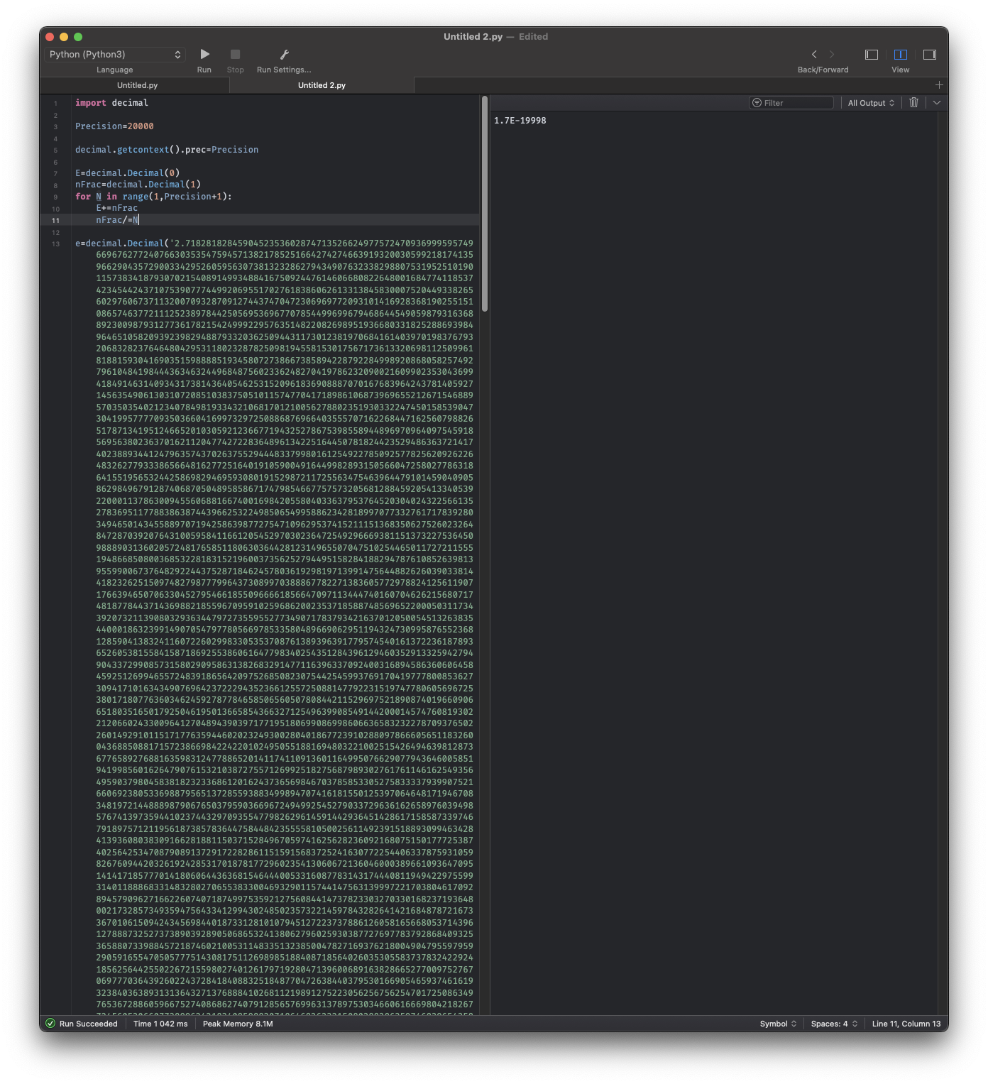 用python高精度求自然常数e_计算自然常数e的前n位 代码-CSDN博客