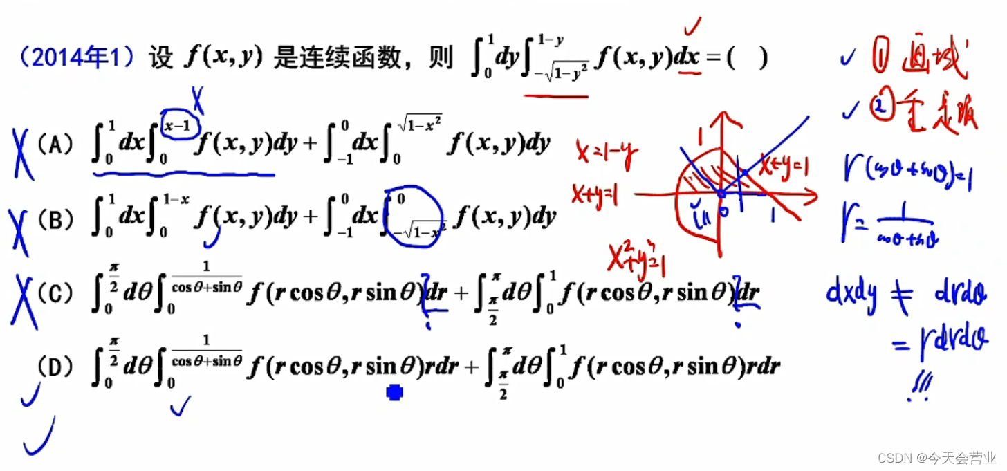 4.17每日一题（直角坐标累次积分到直角/极坐标累次积分的转换）