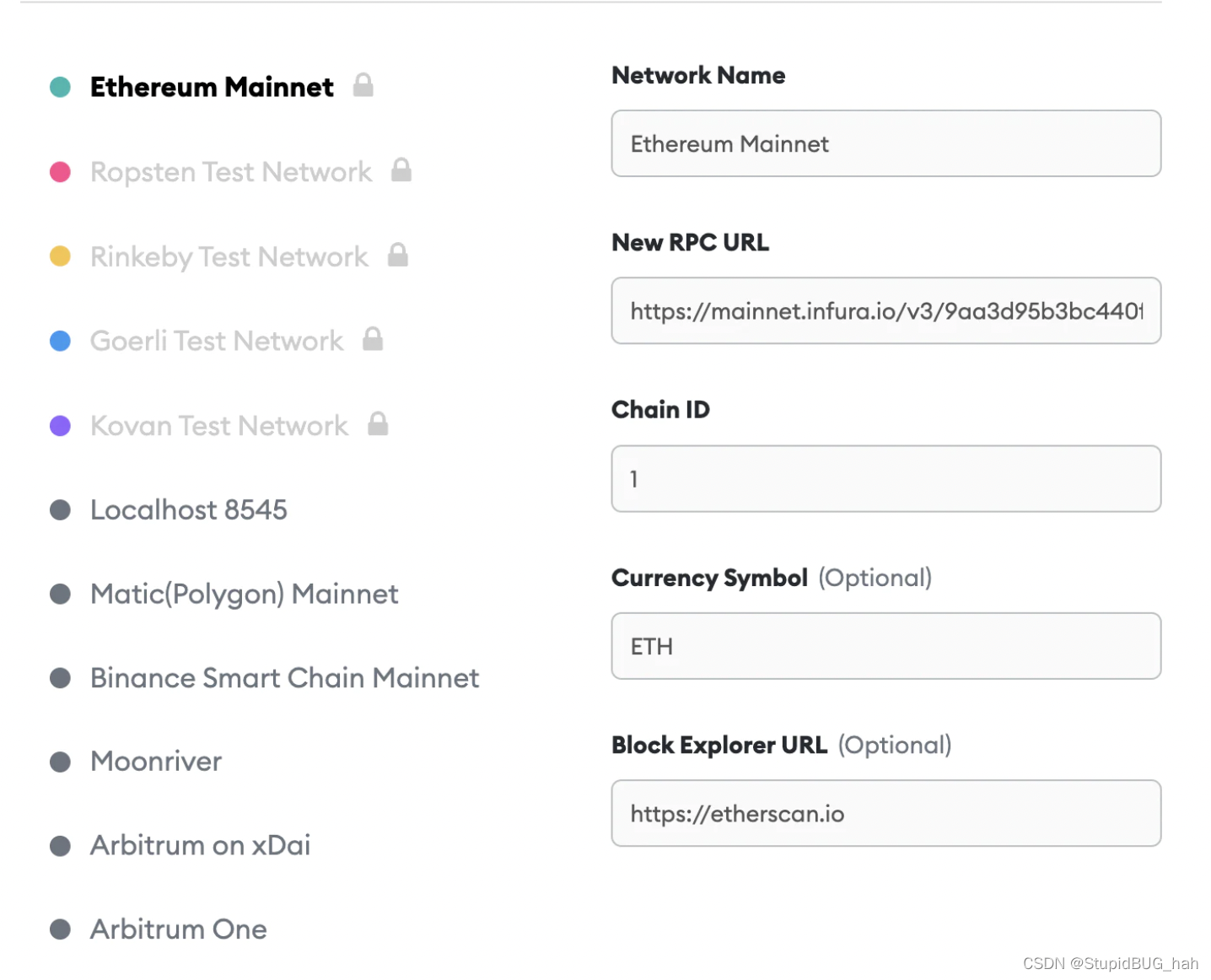 MetaMask预置的以太坊网络