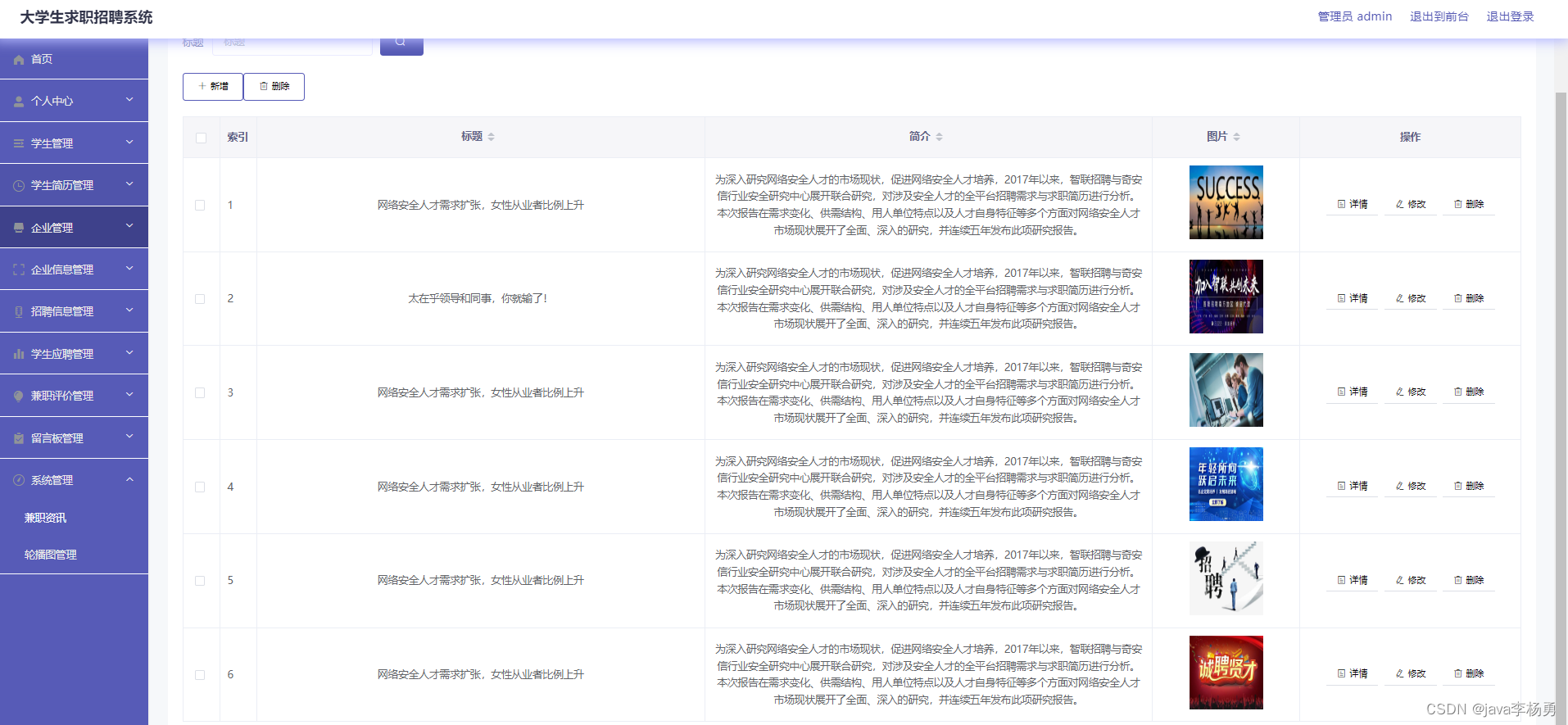 基于JavaSpringmvc+Vue+elementUI大学生求职招聘系统详细设计实现