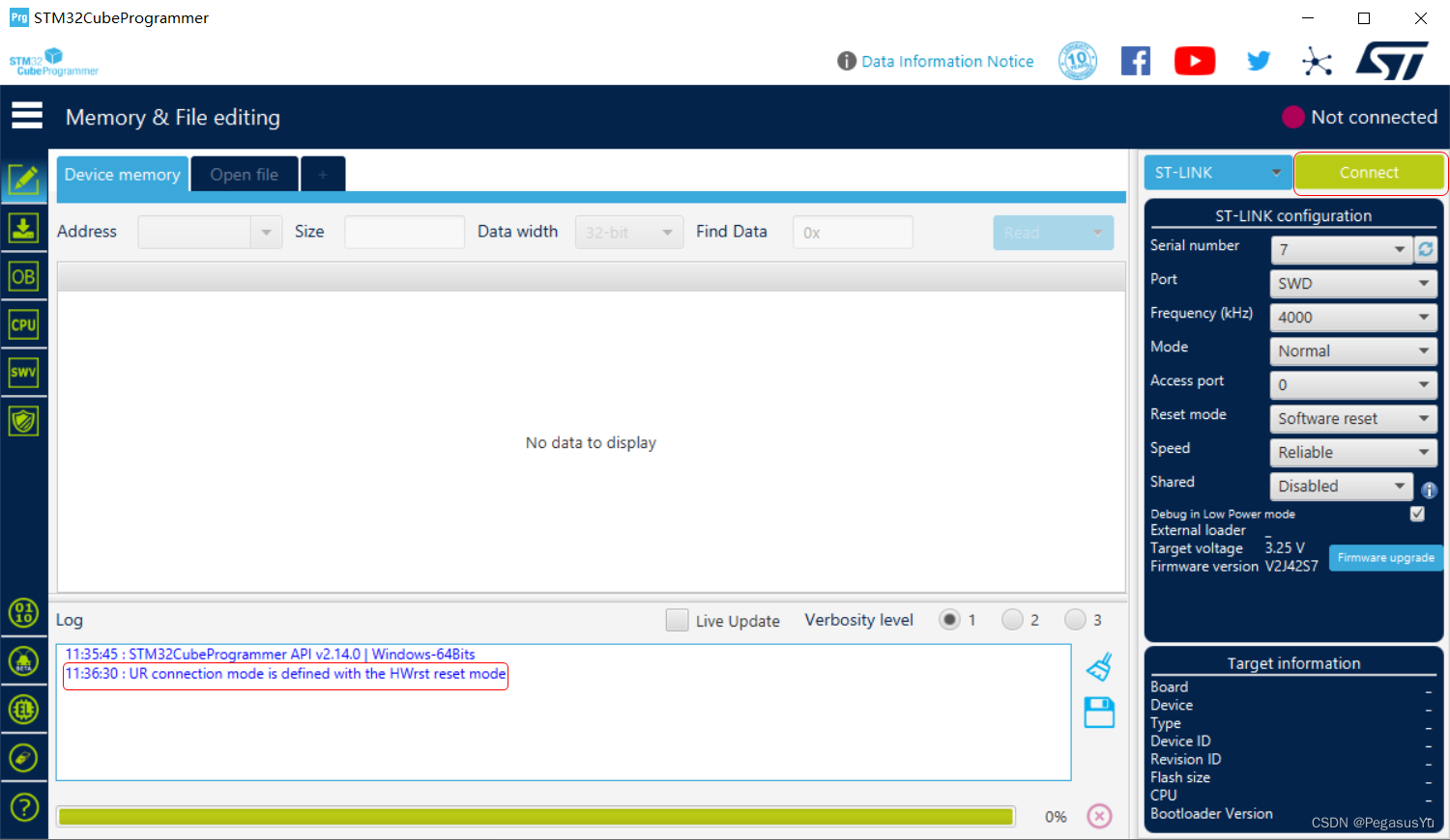 STM32PROGRAMMER “UR connection mode is defined with the HWrst reset