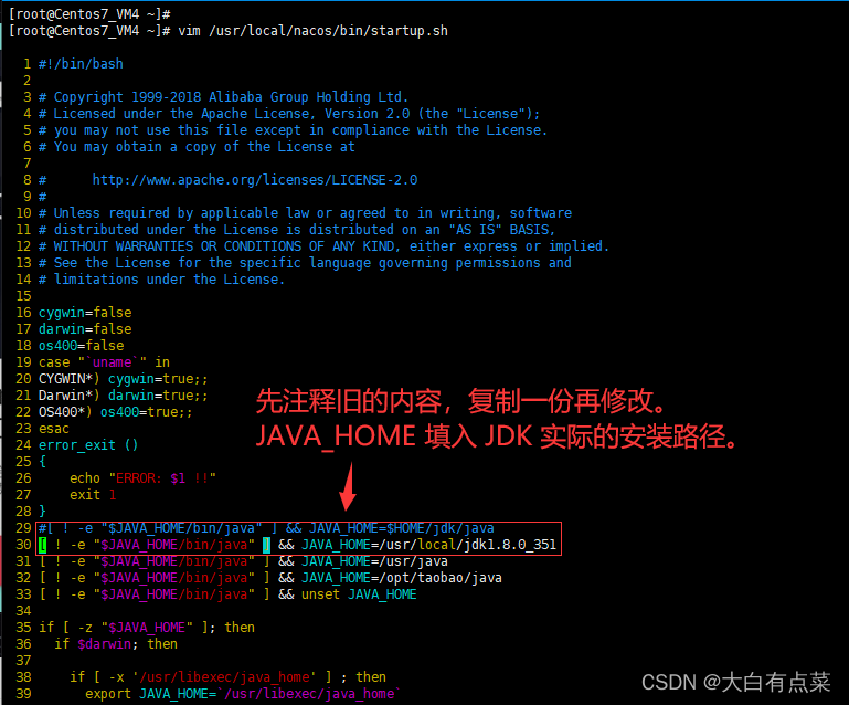 修改 Nacos Server 的 startup.sh 脚本，先注释，再复制并修改。此处 JAVA_HOME 填入 JDK 实际的安装路径。