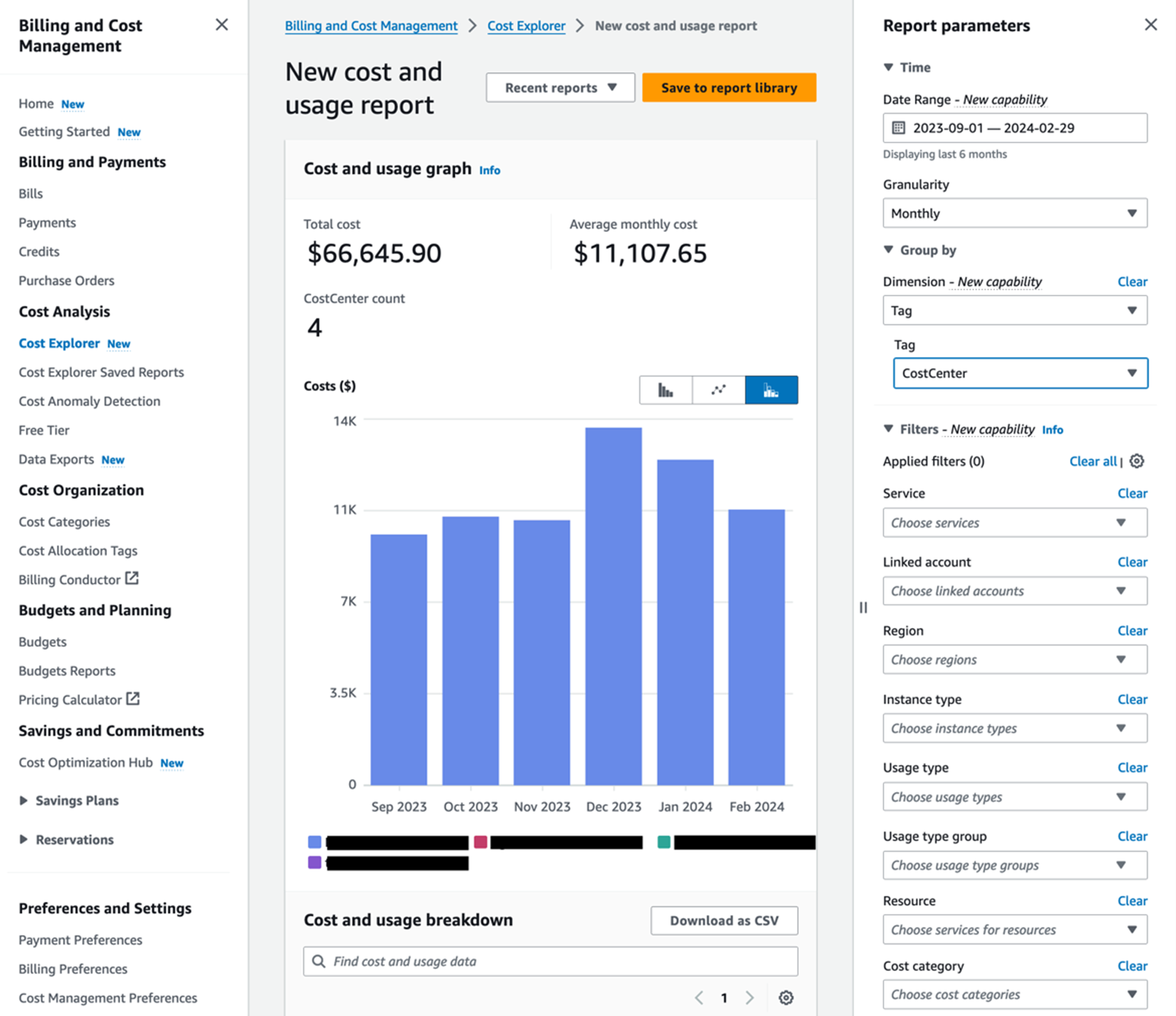 图 3 在 Billing 和 Cost Management Console 上按 Cost Center 的 Tag 显示资源消费情况