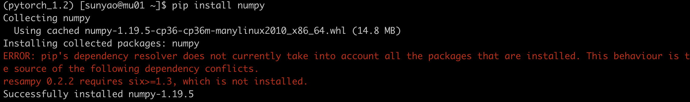 RuntimeError: module compiled against API version 0xc but this version of numpy is 0xb