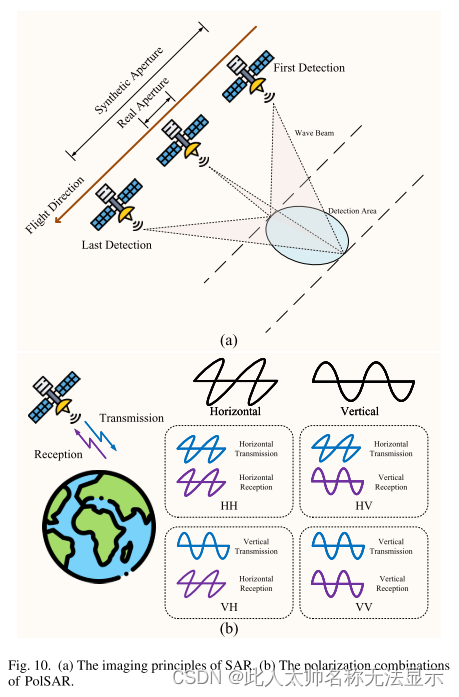 图10。(a) SAR成像原理。(b) PolSAR偏振组合。