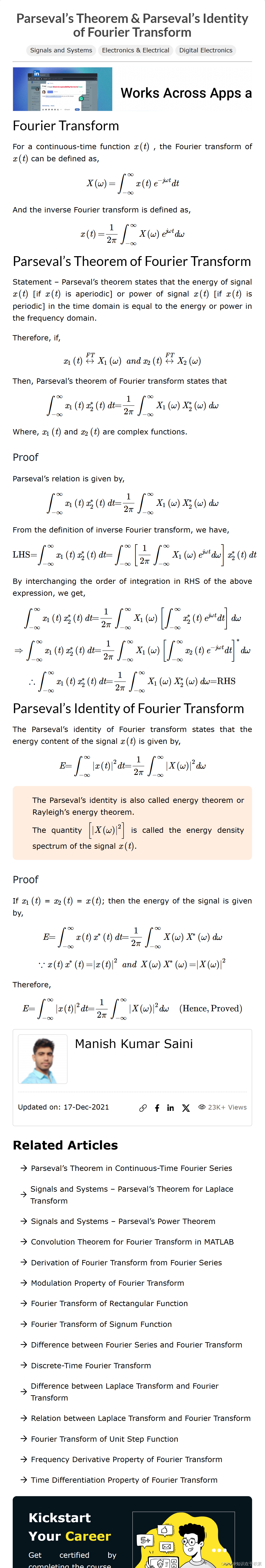 Parseval’s Theorem  Parseval’s Identity of Fourier Transform