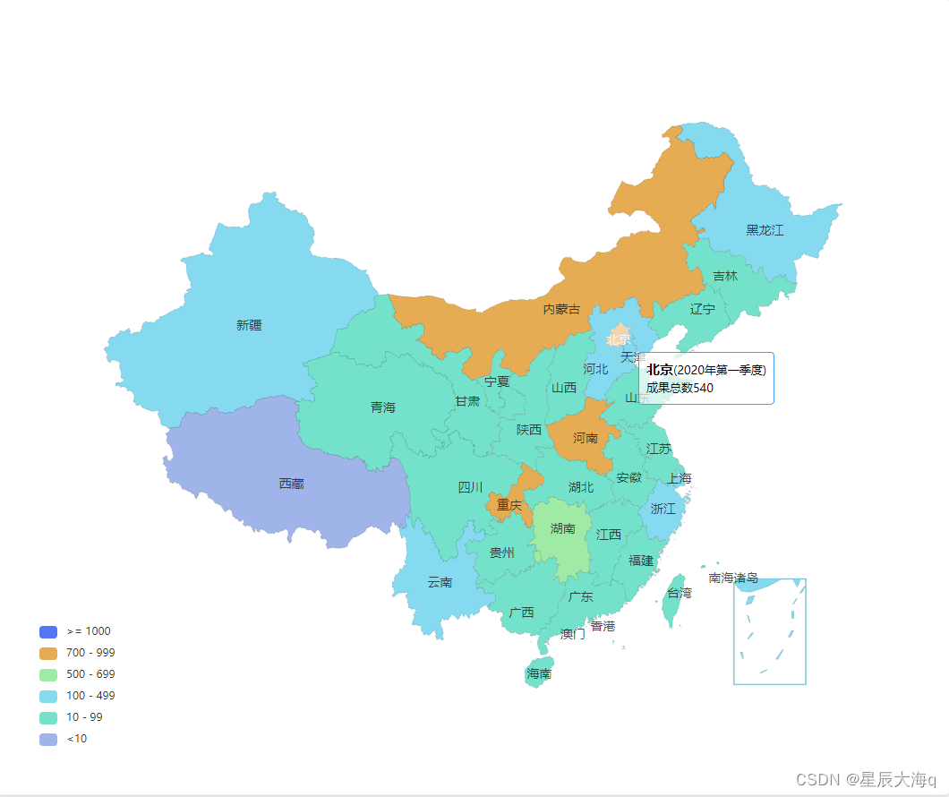 According to the data of provinces, the color highlighting of different provinces is realized, and click the corresponding province to drill to the city