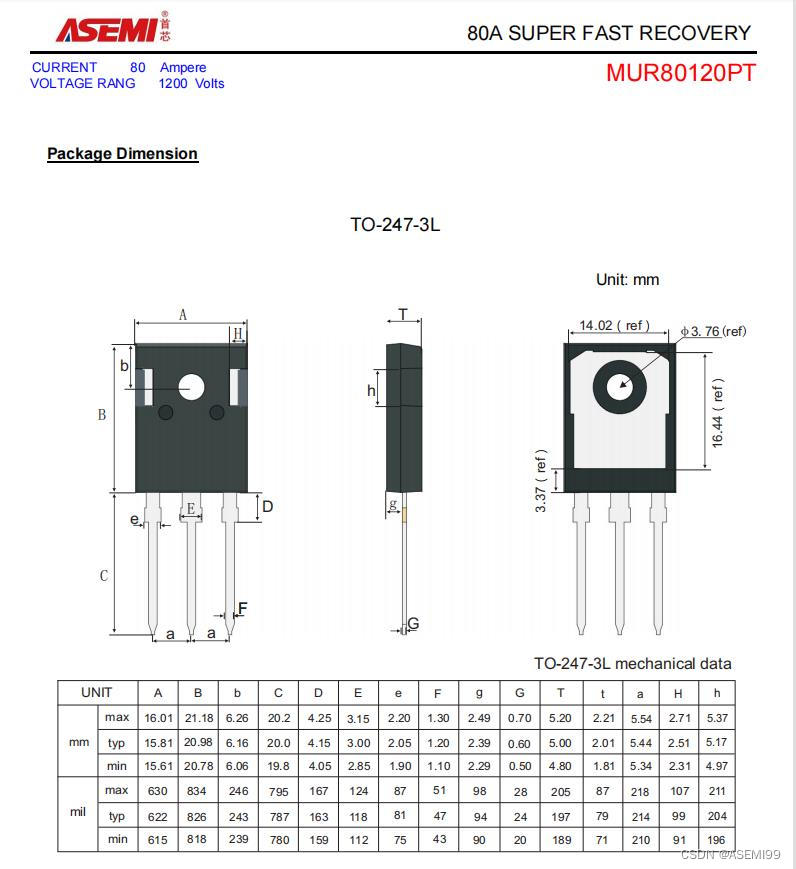 MUR80120PT-ASEMI大电流快恢复二极管MUR80120PT